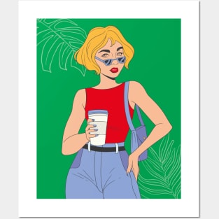 Cool girl with a coffee, green Posters and Art